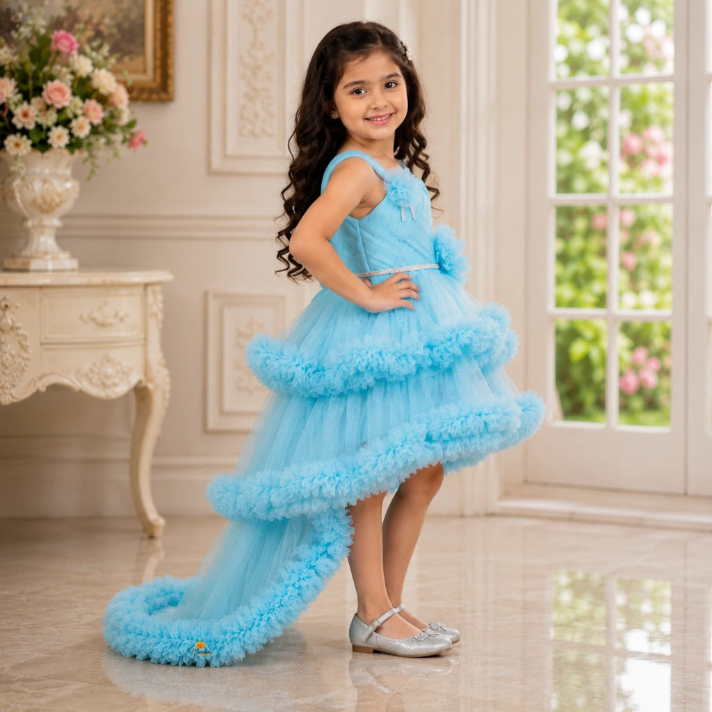 Sky Blue High-Low Partywear Frock for Girls