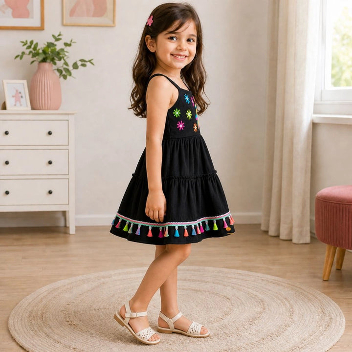 Black Party Wear Frock for Girls with Multicolor Embroidery and Tassels