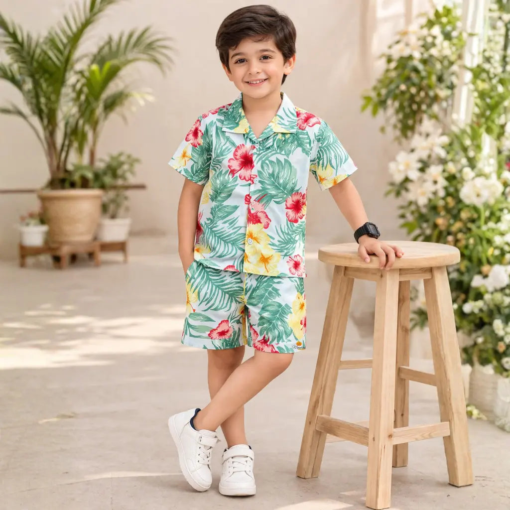 Boys Summer Co Ord Set Floral Print Half Sleeve Shirt and Shorts
