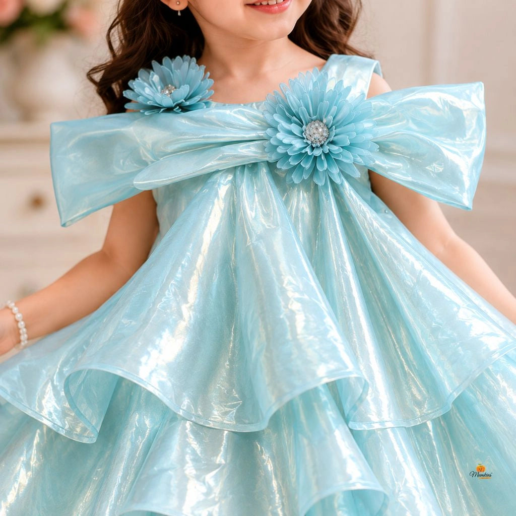 Green Off Shoulder Layered Frock for Girls