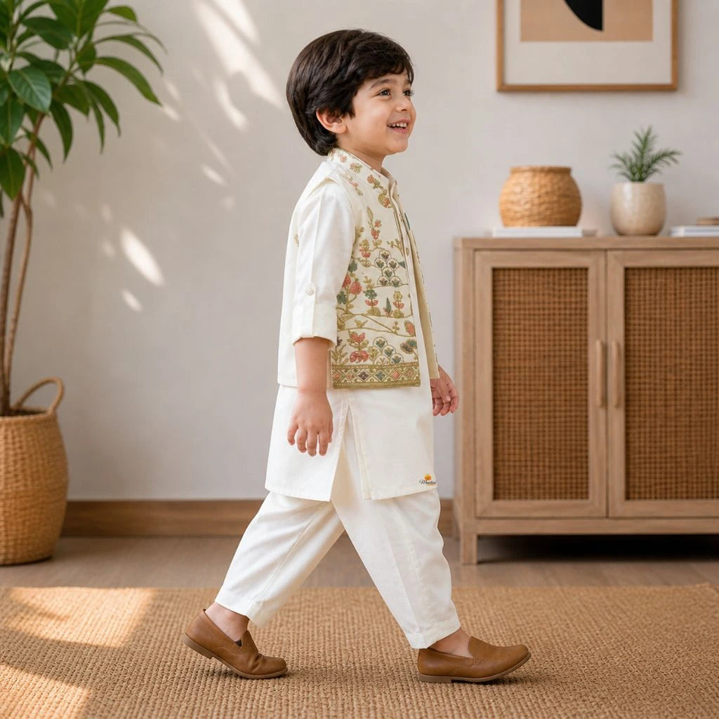 Stylish Cream Kurta Pajama Set with Embroidered Jacket for Boys