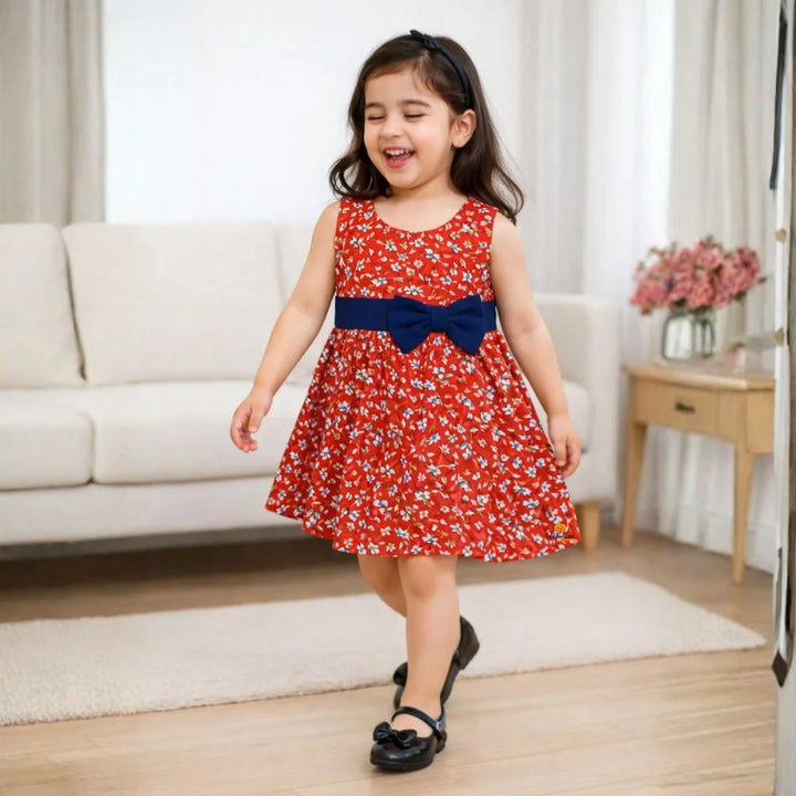 Navy Blue & Red Girls Sleeveless Floral Dress with Bow Belt