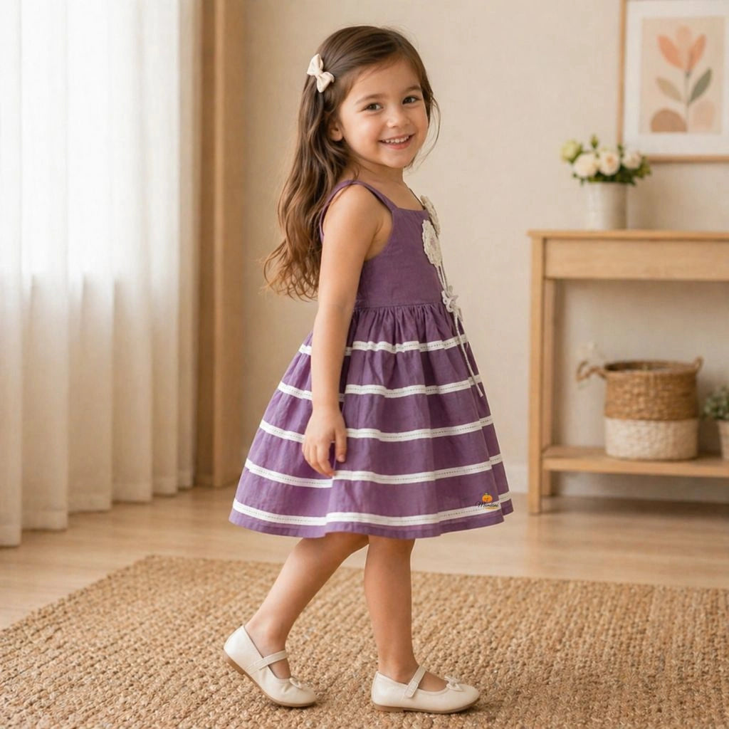Girls Purple Striped Frock with Floral Detail