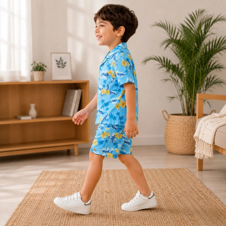 Sky Blue Tropical Print Shirt & Shorts Co-ord Set for Boys