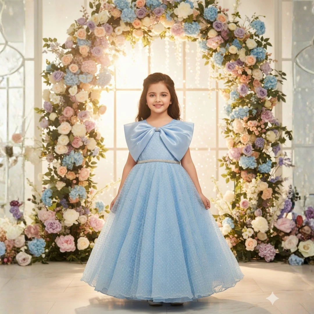 Sky Blue Princess Gown with Bow for Girls