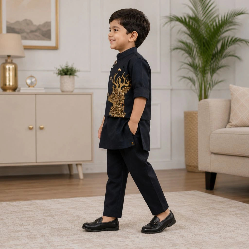 Stylish Black Kurta Pajama with Embroidered Deer Jacket for Boys