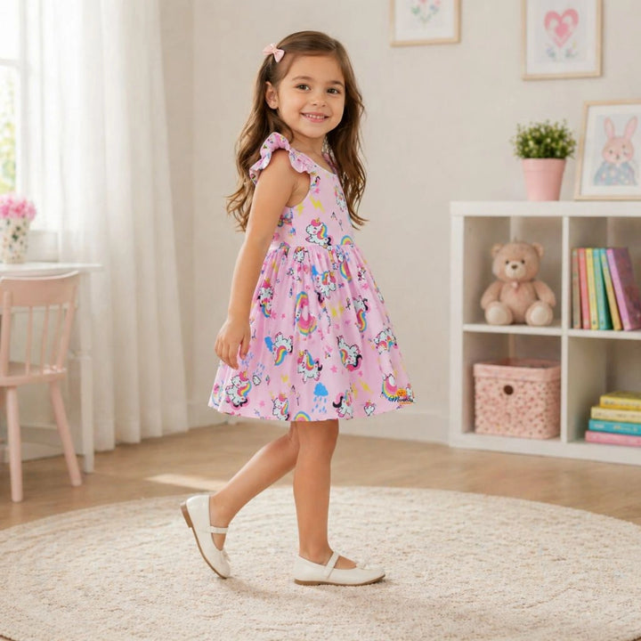 Pink Unicorn Print Fit & Flare Dress for Girls