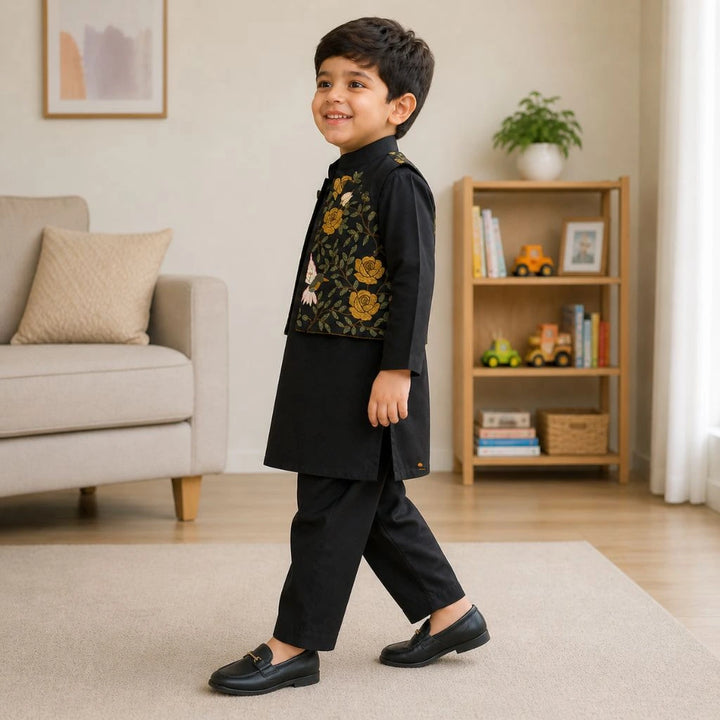 Premium Boys Black Kurta Pajama Nehru Jacket Set for Weddings & Parties