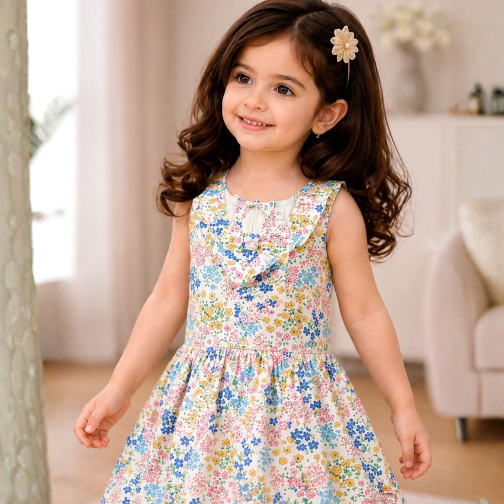 Multicolor Floral Printed Sleeveless Fit & Flare Dress for Girls