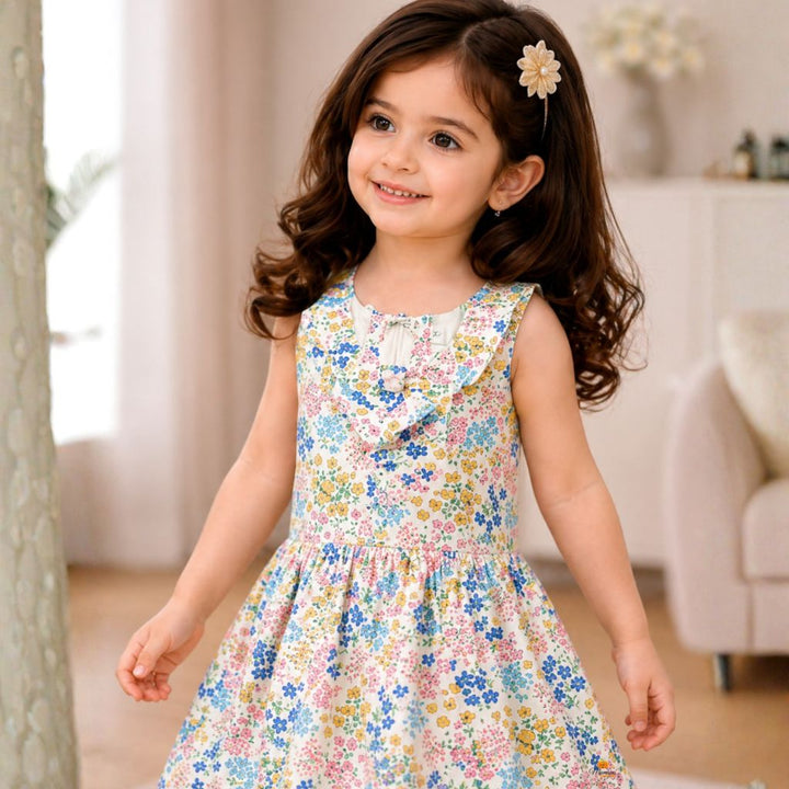 Multicolor Floral Printed Sleeveless Fit & Flare Dress for Girls