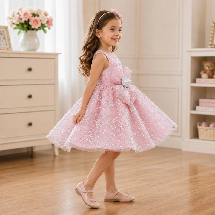 Stylish Pink Sequin Party Frock with Bow for Girls