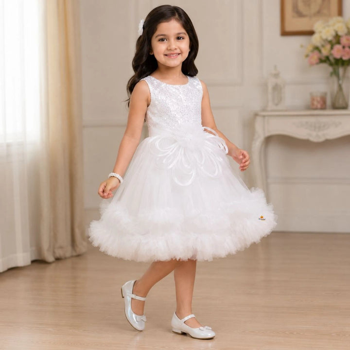 White Tail Pattern Partywear Frock for Girls
