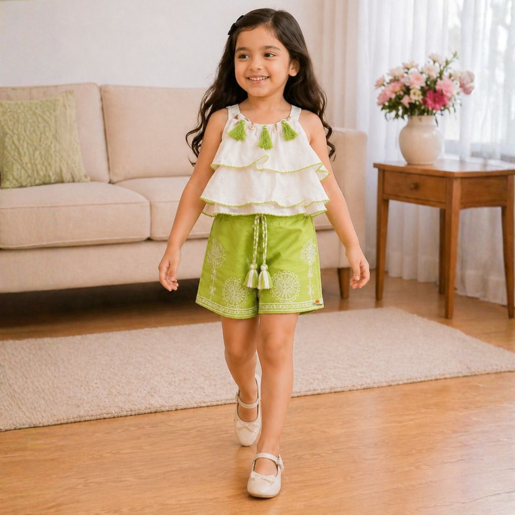 Layered Top with Embroidered Shorts Western Set for Girls
