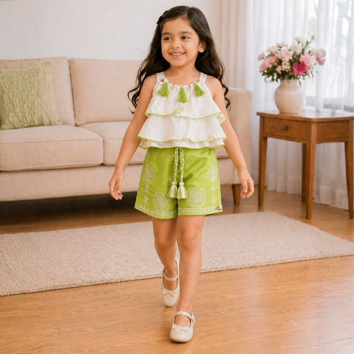 Layered Top with Embroidered Shorts Western Set for Girls