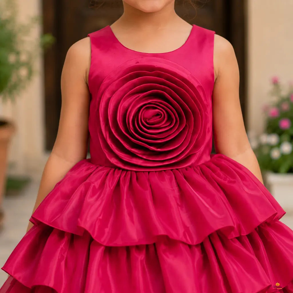 Red Layered Ruffle Partywear Frock for Girls