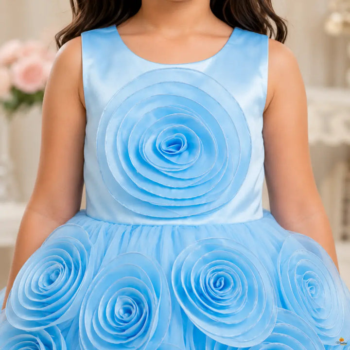 Sky Blue Partywear Frock for Girls with Rose Appliqué Detailing