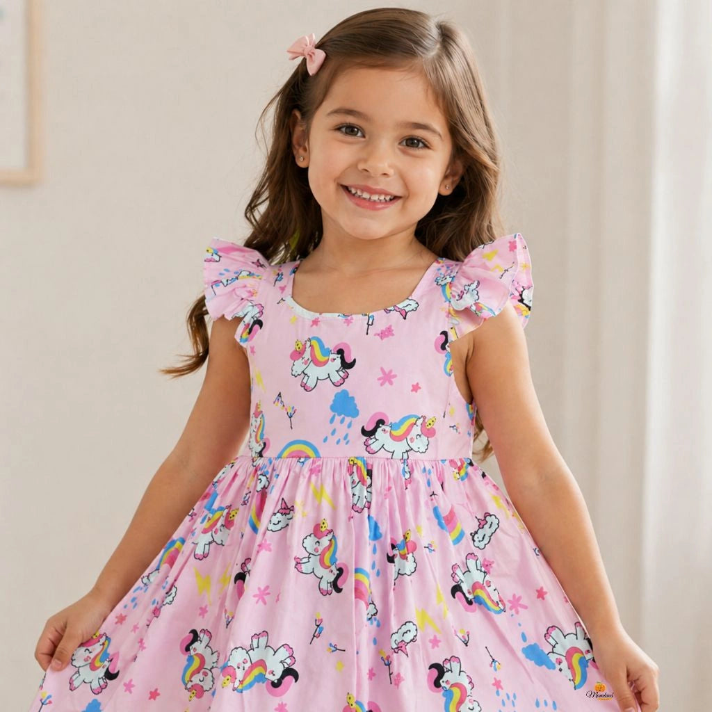 Pink Unicorn Print Fit & Flare Dress for Girls