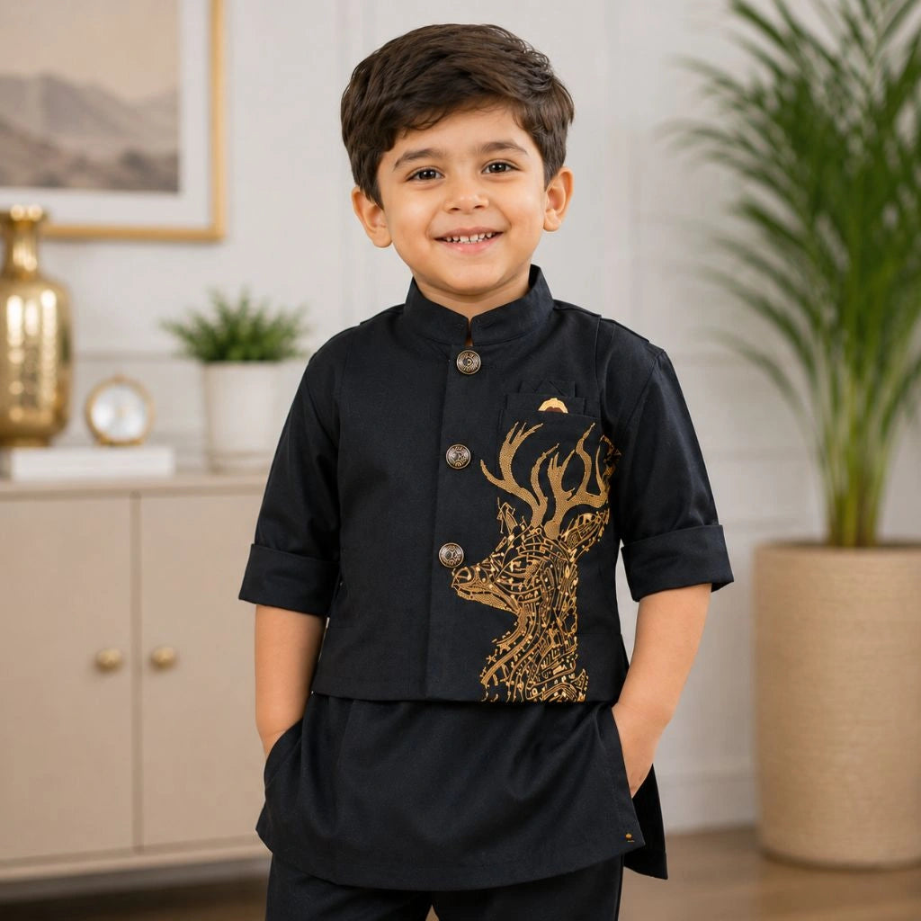 Stylish Black Kurta Pajama with Embroidered Deer Jacket for Boys