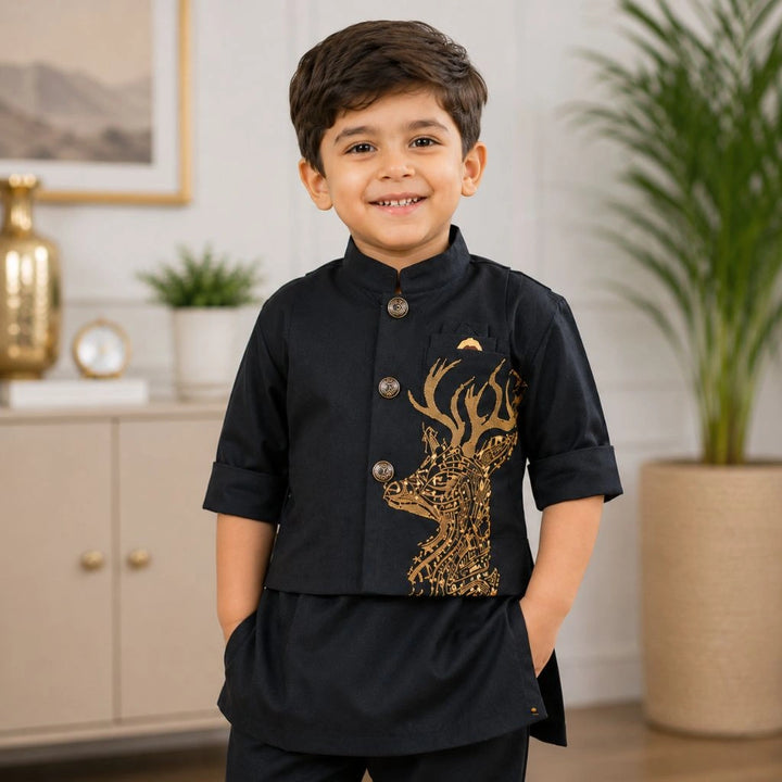 Stylish Black Kurta Pajama with Embroidered Deer Jacket for Boys