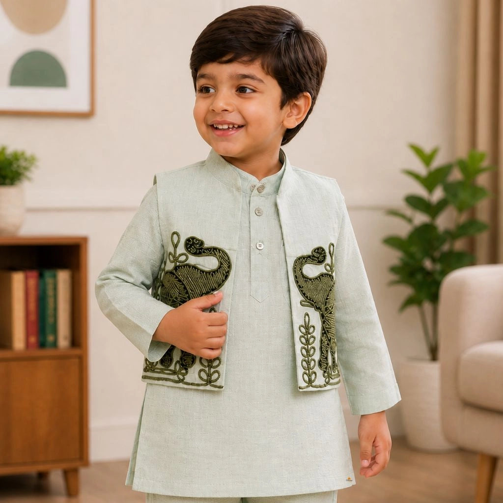 Boys Beige Kurta Pajama with Elephant Embroidered Nehru Jacket