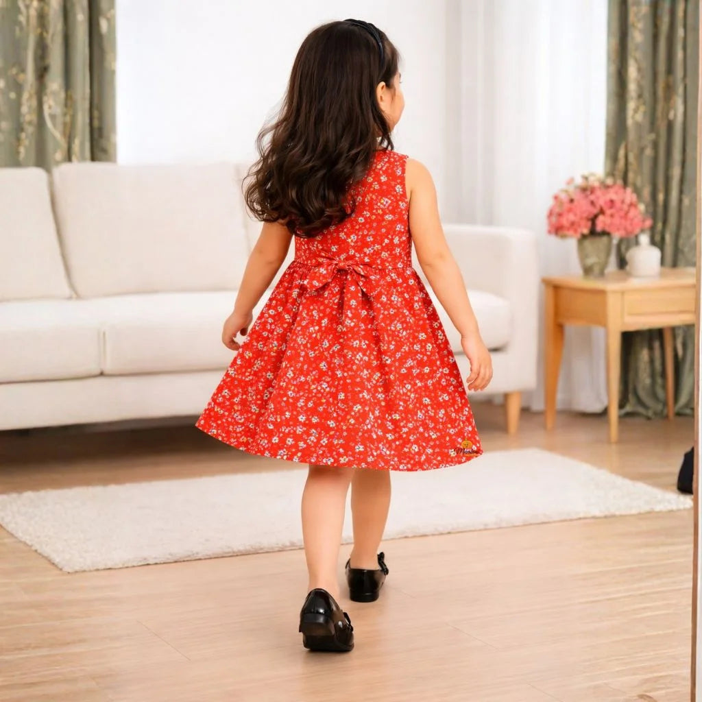 Navy Blue & Red Girls Sleeveless Floral Dress with Bow Belt
