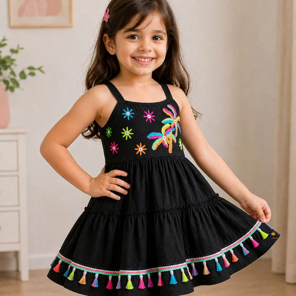 Black Party Wear Frock for Girls with Multicolor Embroidery and Tassels