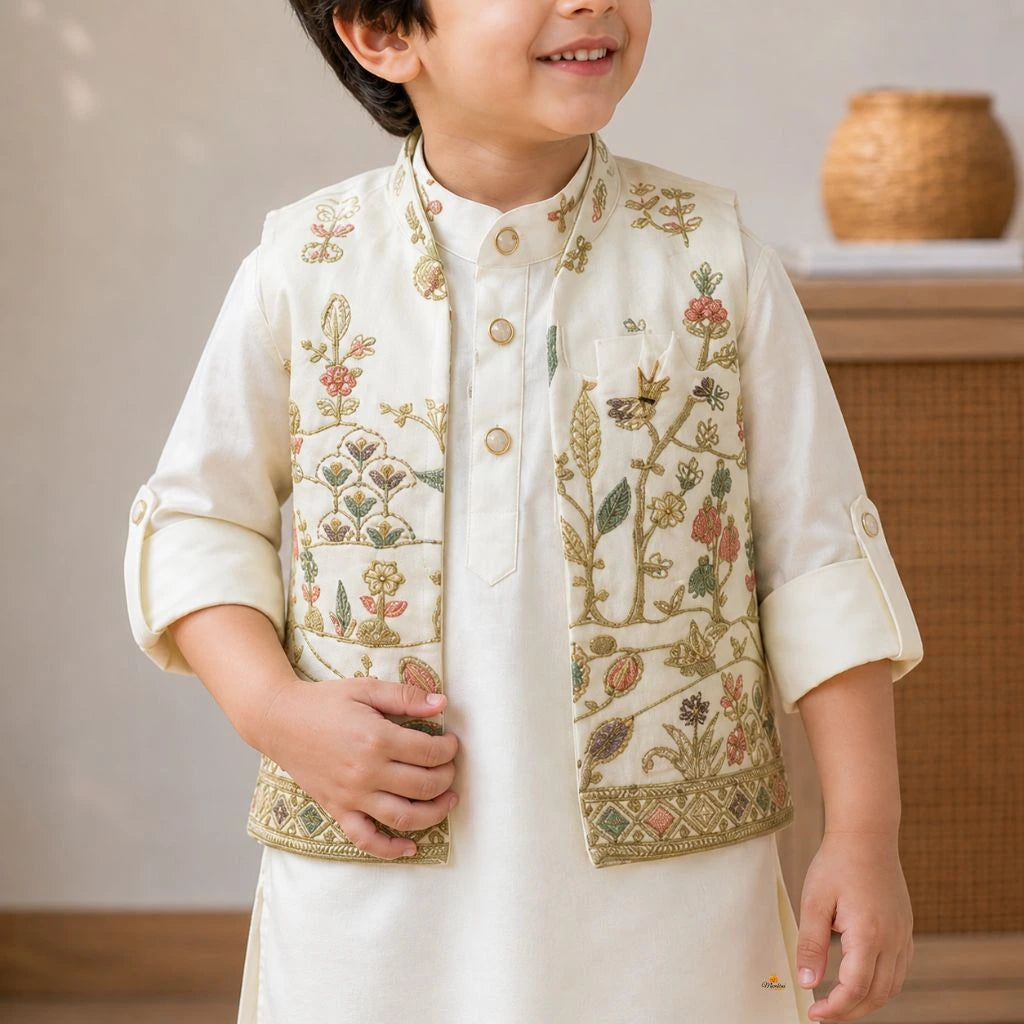 Stylish Cream Kurta Pajama Set with Embroidered Jacket for Boys