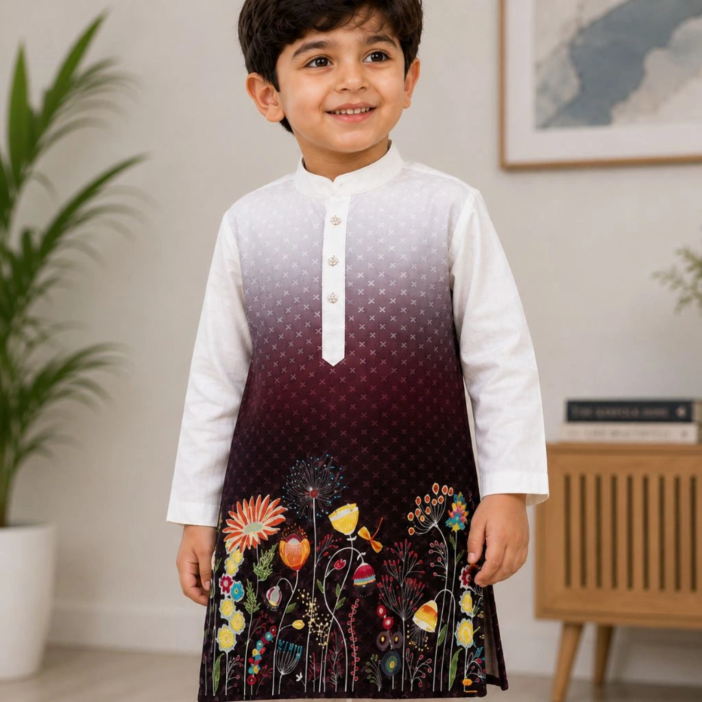 White Ombre Floral Kurta Pajama Set for Boys