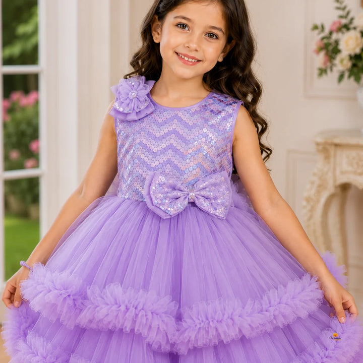 Purple & White Layered High-Low Girls Frock