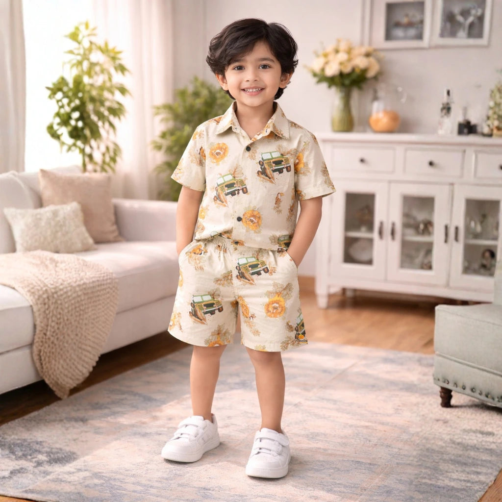 Kids Lion Print Half Sleeve Shirt with Shorts Co-ord Set