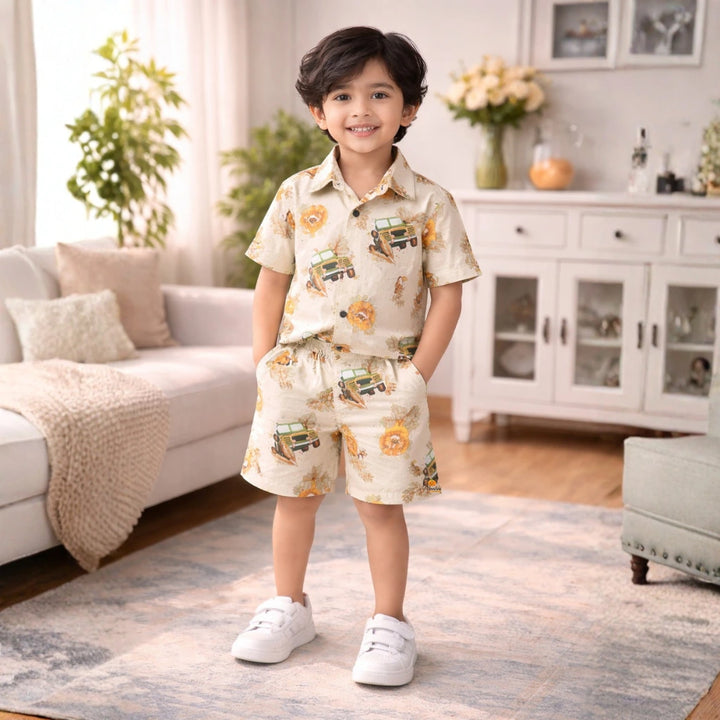Kids Lion Print Half Sleeve Shirt with Shorts Co-ord Set