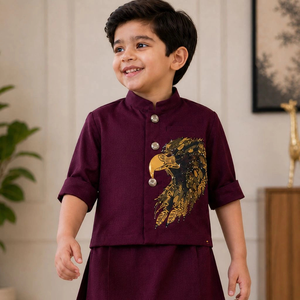 Premium Boys Wine Kurta Pajama Set with Designer Jacket for Weddings & Parties