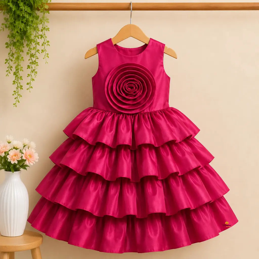 Red Layered Ruffle Partywear Frock for Girls