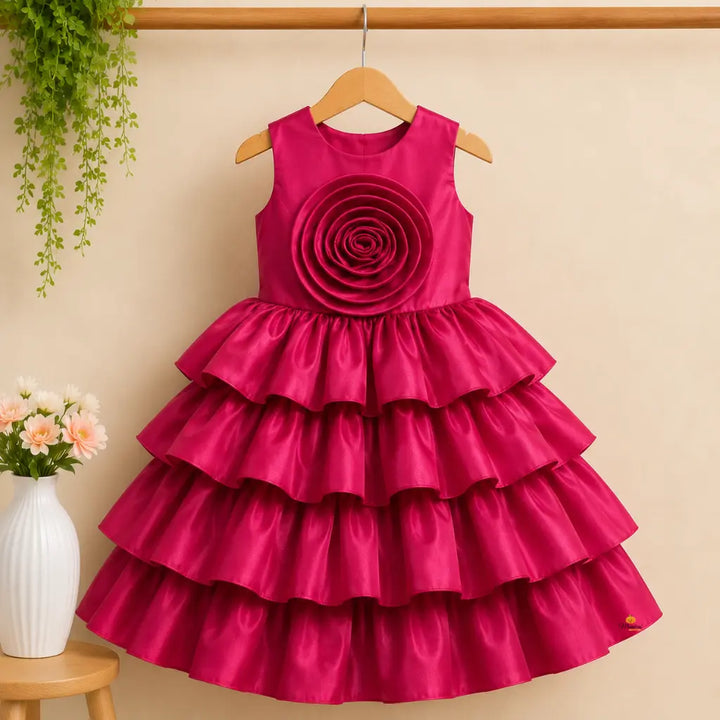 Red Layered Ruffle Partywear Frock for Girls