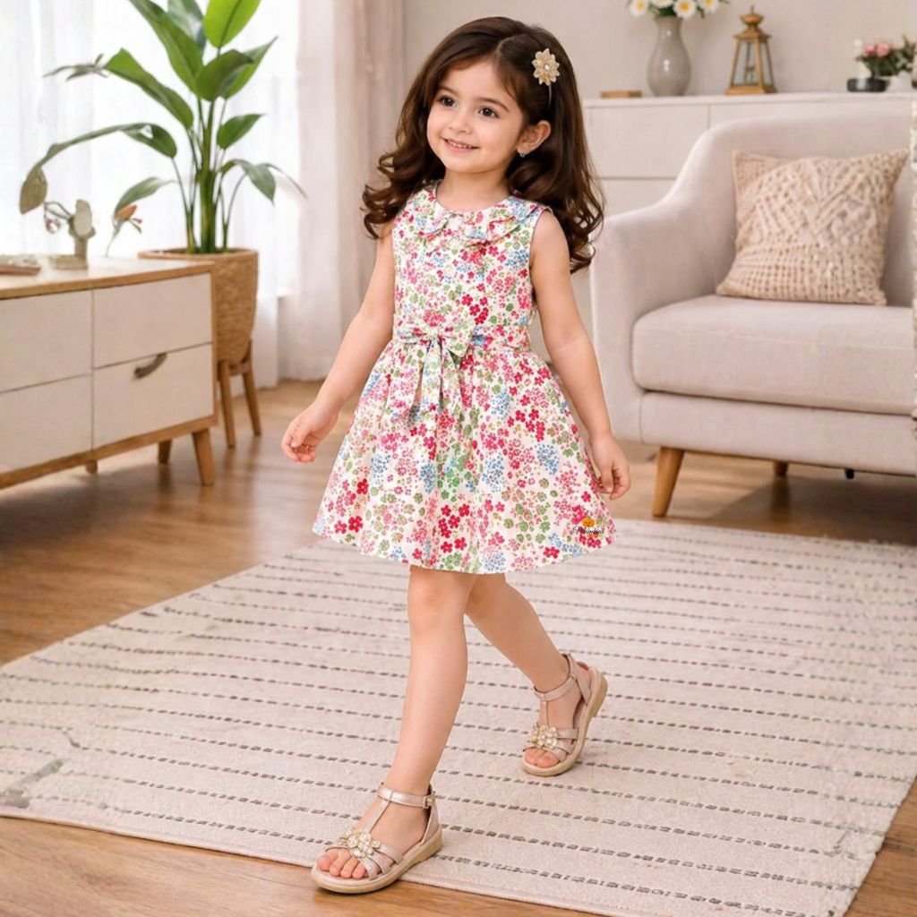 Multicolor Floral Printed Sleeveless Fit & Flare Dress for Girls