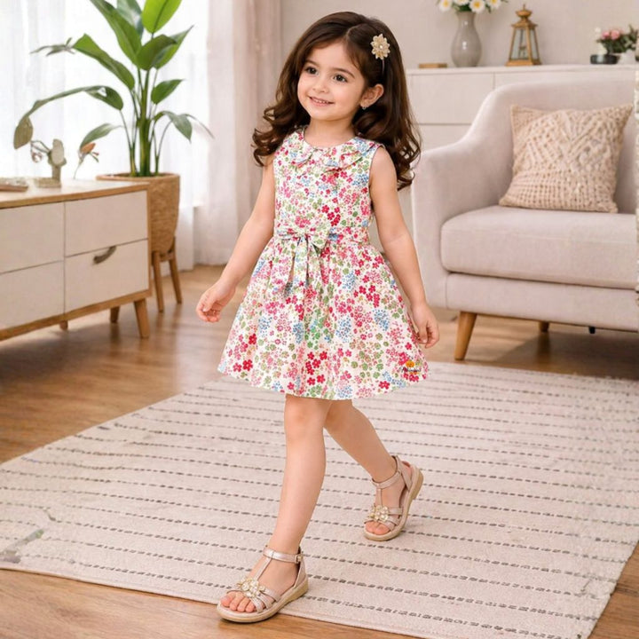 Multicolor Floral Printed Sleeveless Fit & Flare Dress for Girls