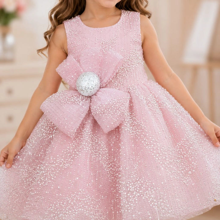 Stylish Pink Sequin Party Frock with Bow for Girls