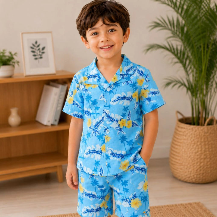 Sky Blue Tropical Print Shirt & Shorts Co-ord Set for Boys