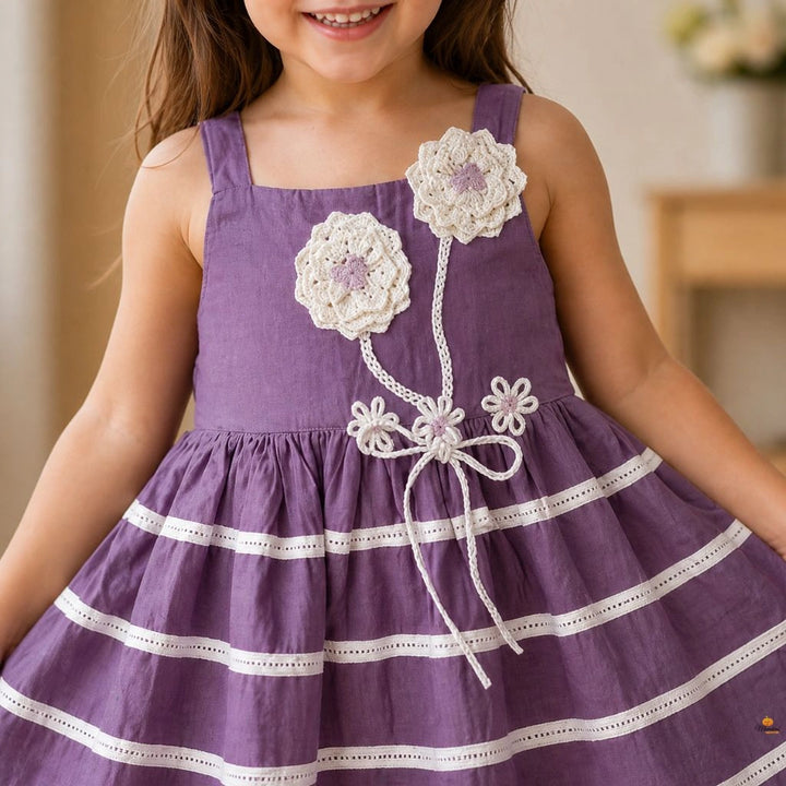 Girls Purple Striped Frock with Floral Detail
