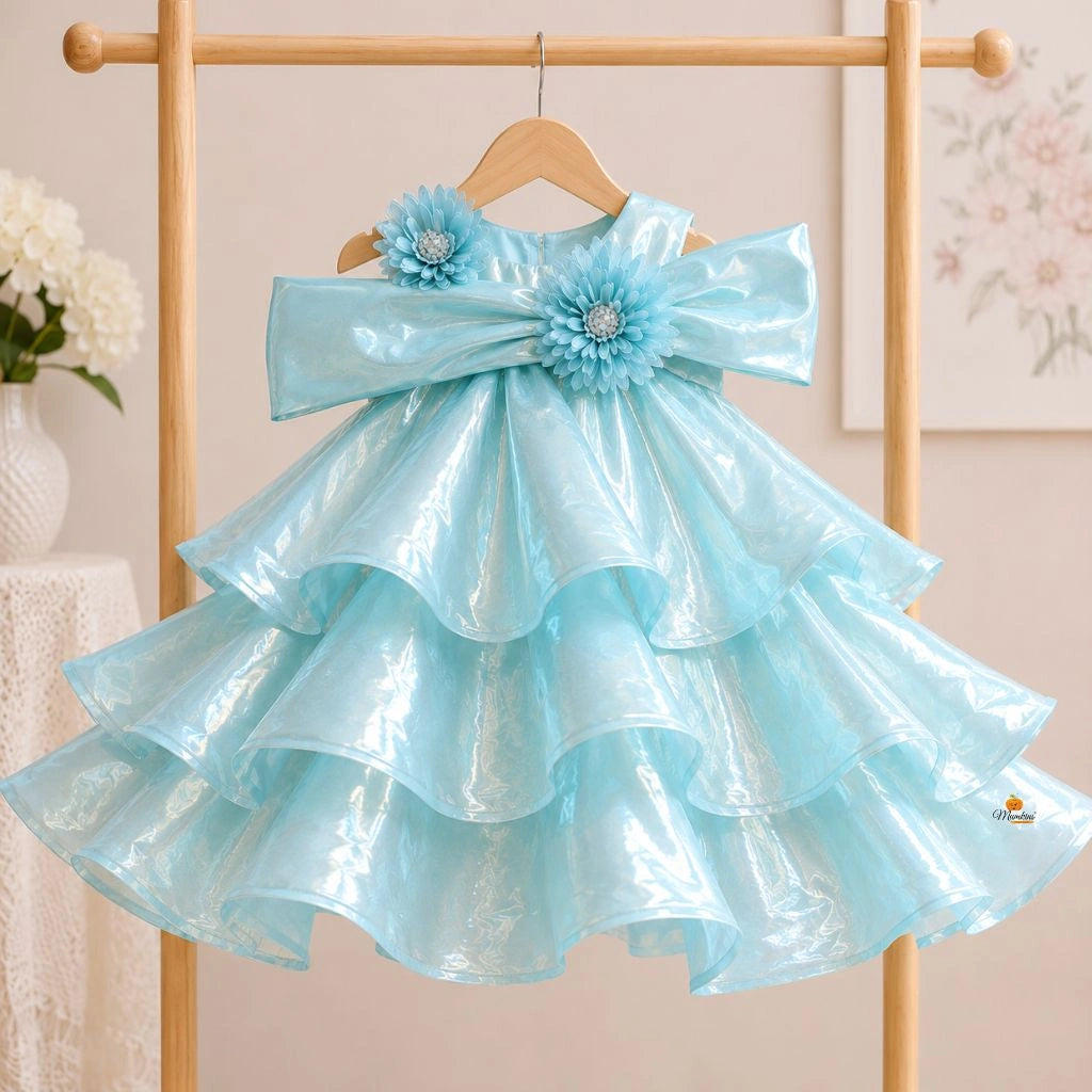 Green Off Shoulder Layered Frock for Girls