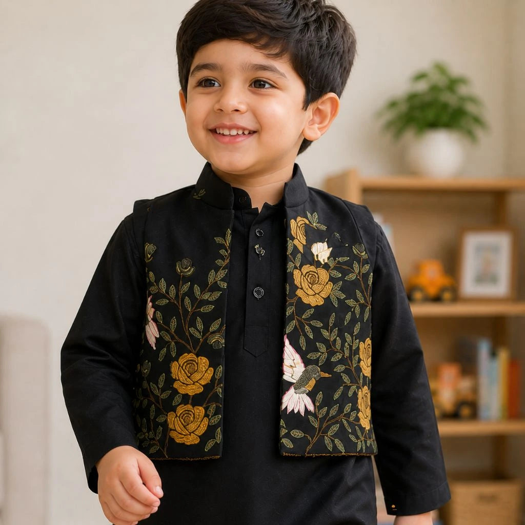 Premium Boys Black Kurta Pajama Nehru Jacket Set for Weddings & Parties