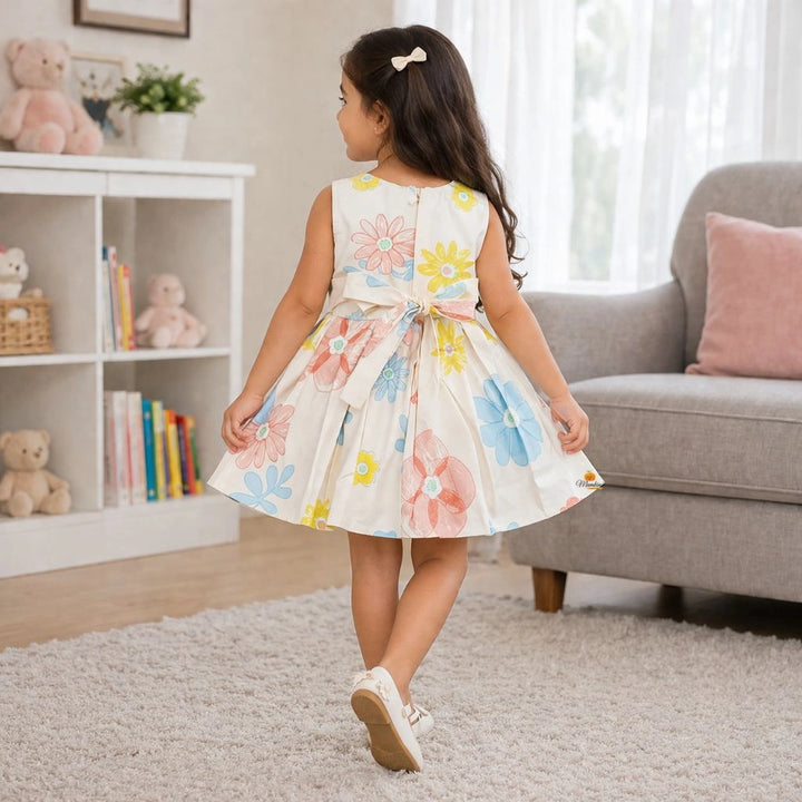 Girls Flower Print Dress with Bow Detail