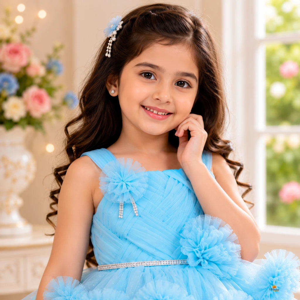 Sky Blue High-Low Partywear Frock for Girls
