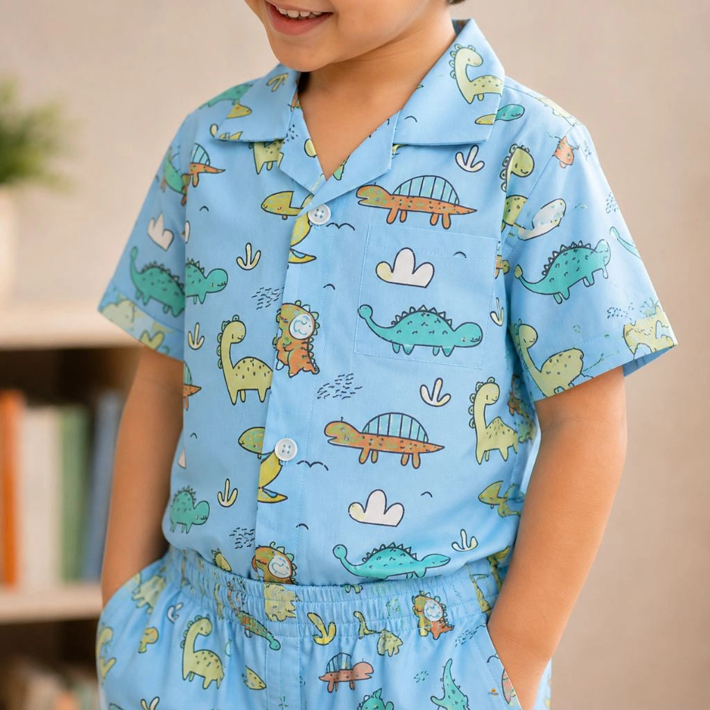 Boys Blue Dinosaur Print Shirt And Shorts Co-Ord Set