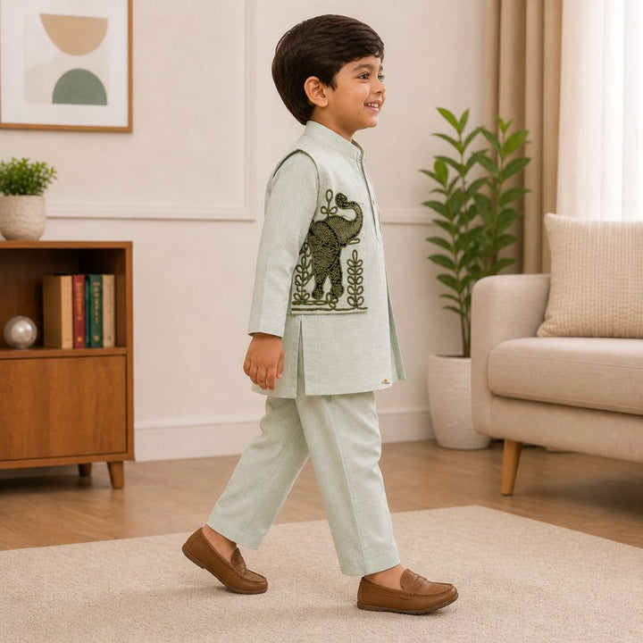 Boys Beige Kurta Pajama with Elephant Embroidered Nehru Jacket