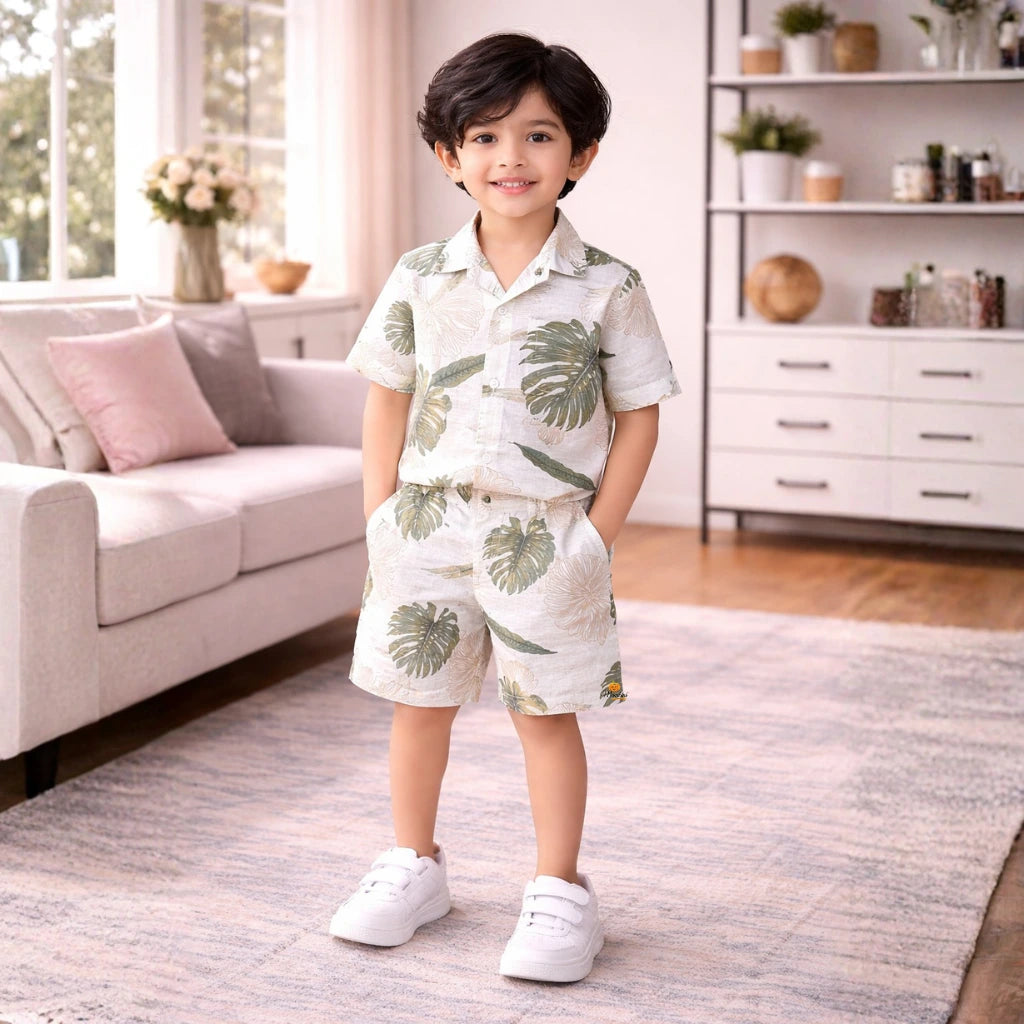 Boys Tropical Leaf Print Co-Ord Set – Shirt & Shorts