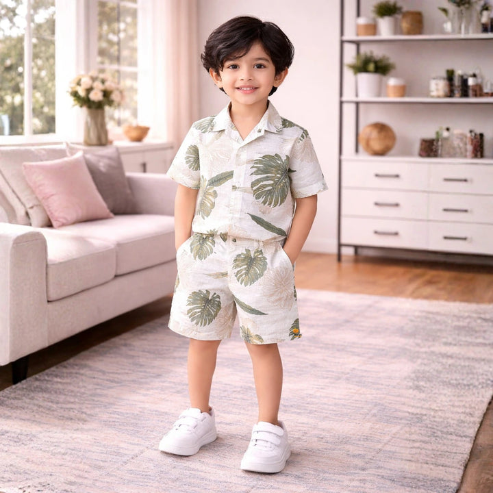 Boys Tropical Leaf Print Co-Ord Set – Shirt & Shorts