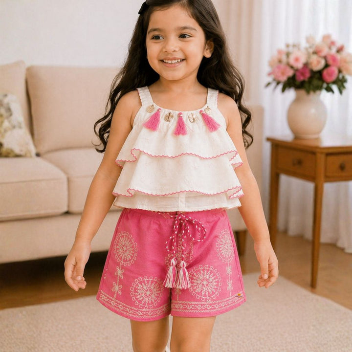 Layered Top with Embroidered Shorts Western Set for Girls