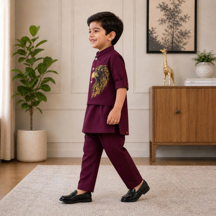 Premium Boys Wine Kurta Pajama Set with Designer Jacket for Weddings & Parties