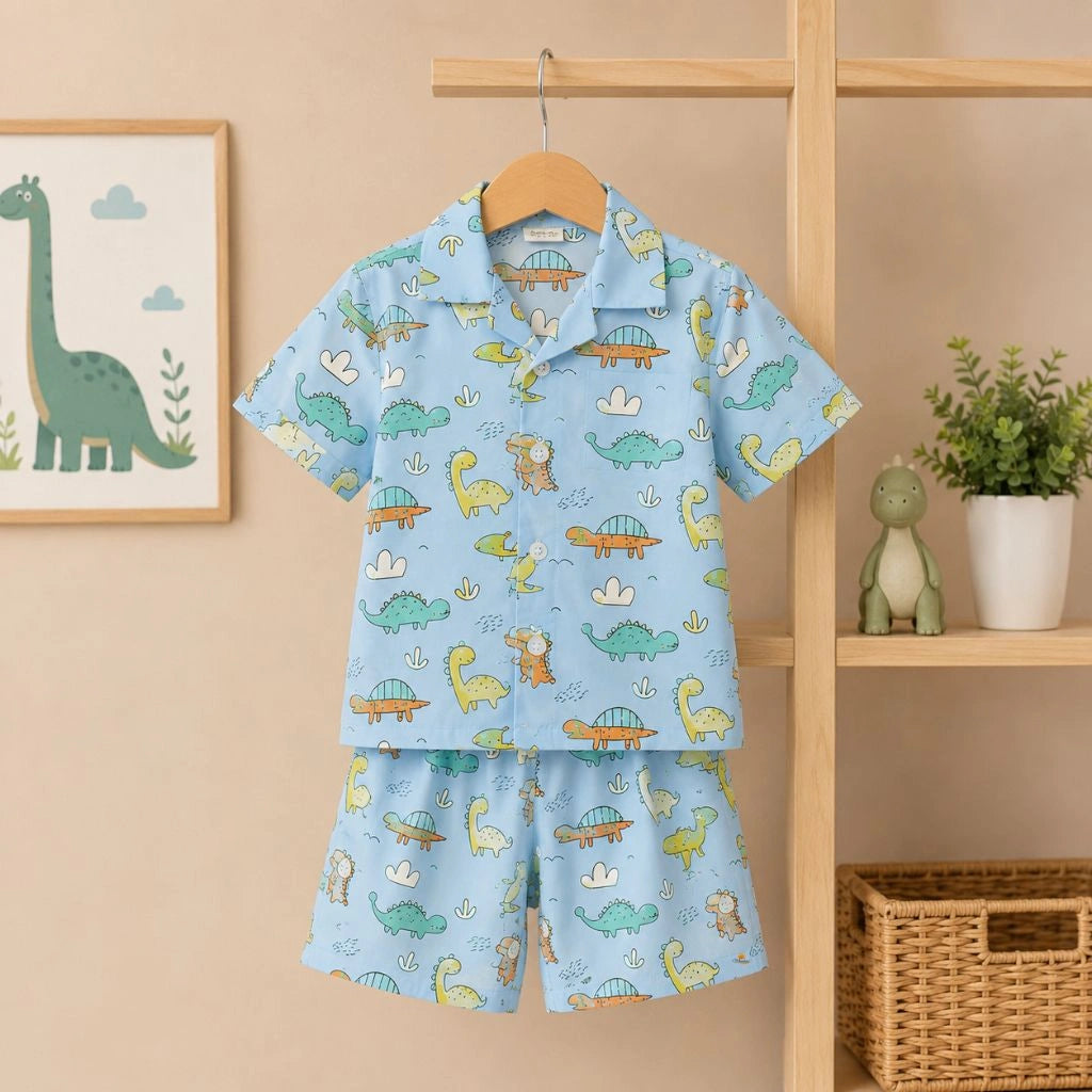 Boys Blue Dinosaur Print Shirt And Shorts Co-Ord Set